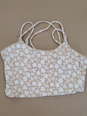 Coral Reef Beige Floral Ribbed Bikini Top with Double Straps